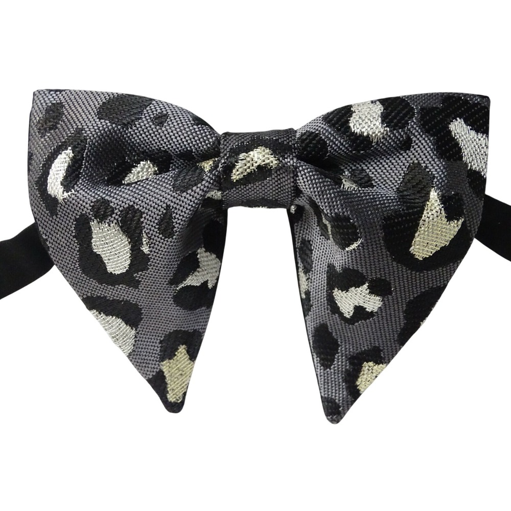 Mens Leopard Print Bow Tie Grey Silver Metallic Diamond Point Pre-Tied Formal‎
